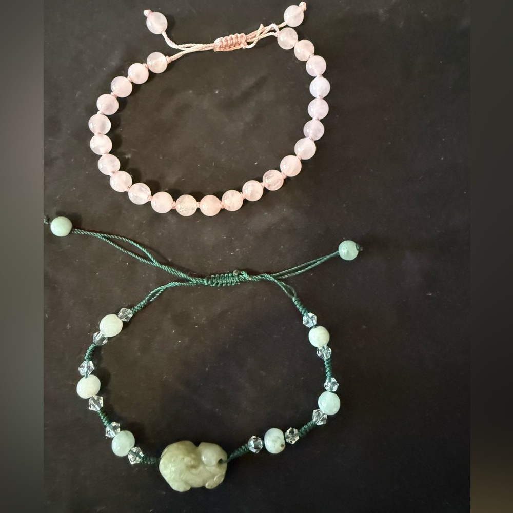 Pink Rose Quartz and Green Jade Beaded Bracelets Set